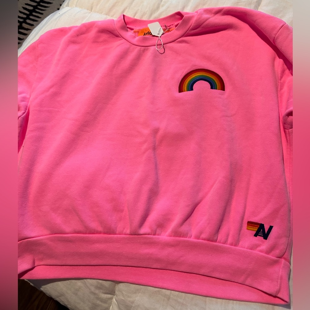 Aviator Nation 
RAINBOW EMBROIDERY RELAXED CREW SWEATSHIRT - NEON PINK 
XS
